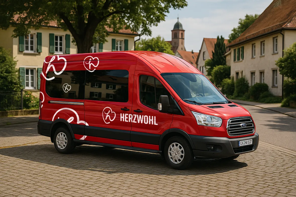 Roter Herzwohl Pflegedienst-Transporter steht in einem Wohngebiet und ist bereit für Einsätze in der ambulanten Pflege