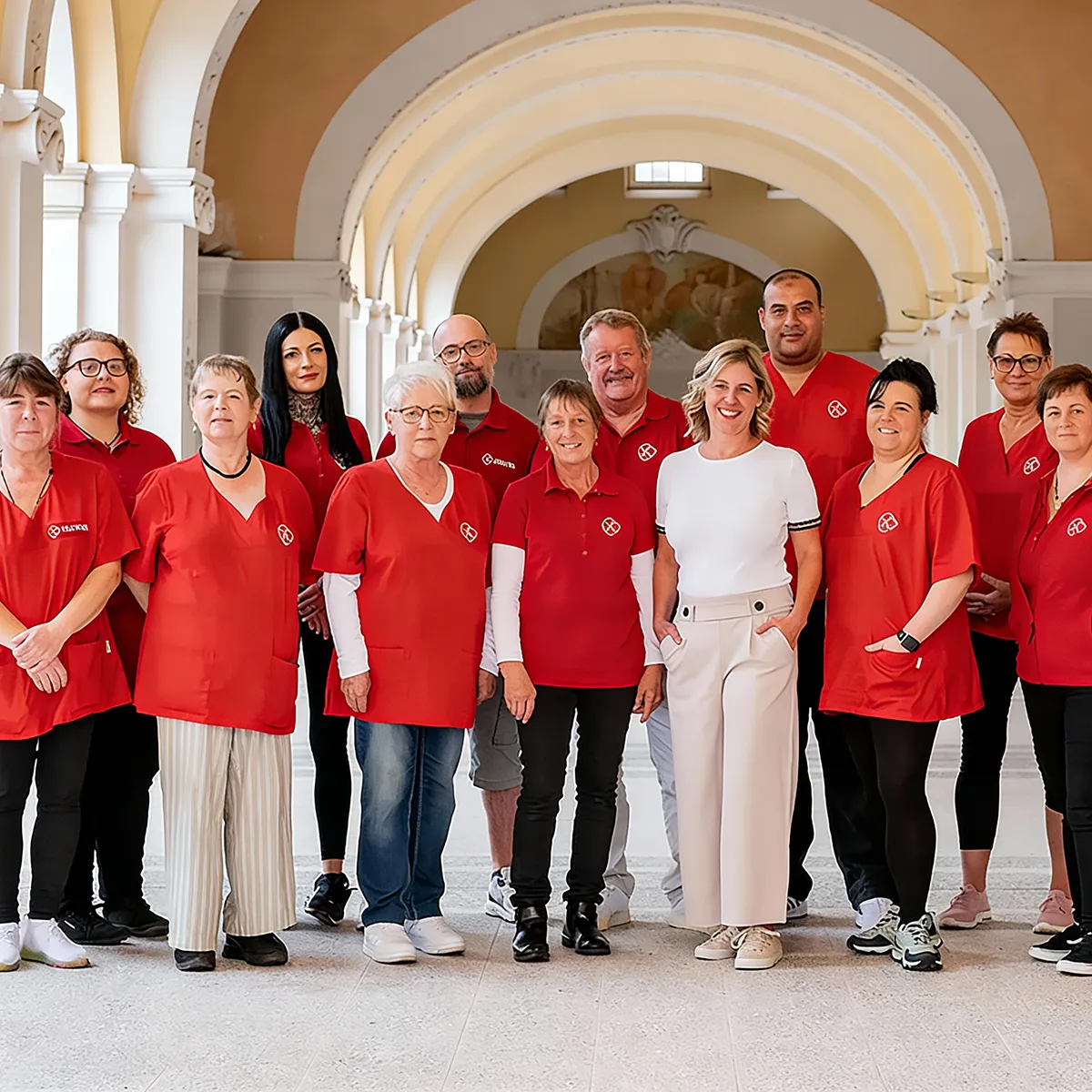Das Team von Herzwohl steht gemeinsam in einem hellen Gebäude und zeigt Zusammenhalt, Vielfalt und Engagement in der Pflege